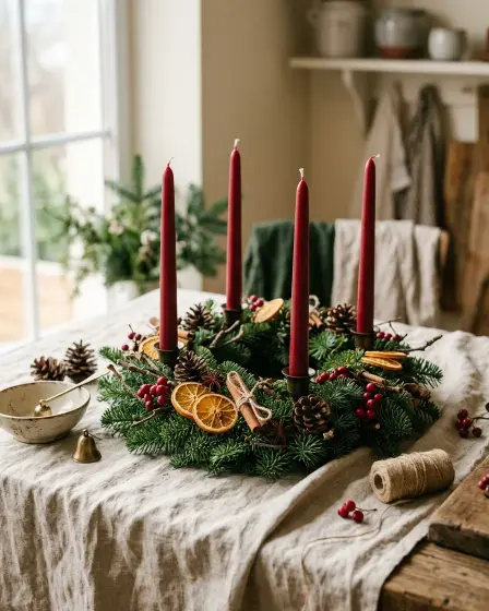 Coroniță de Advent din brad natural cu patru lumânări roșii